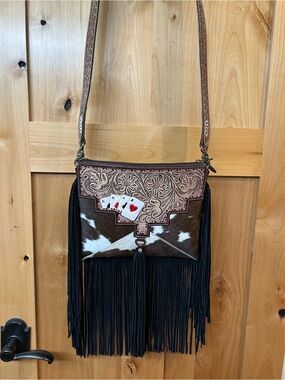 Western Cowhide with fringe and playing cards